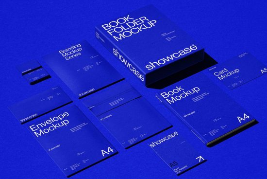 Professional blue branding mockups assortment on blue background, featuring books, folders, and stationery for design presentation.
